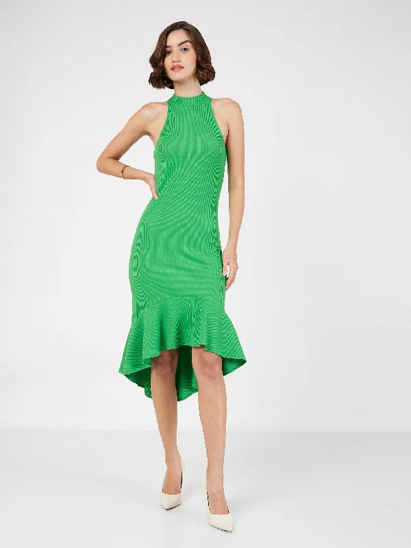 Dresses for early fall events -Women Green Rib Fish Frill Bodycon Midi Dress