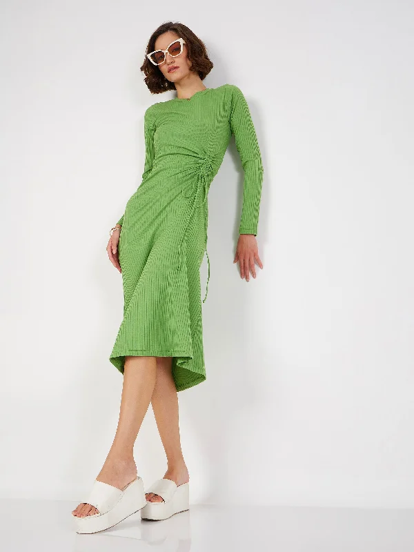 Dresses for elegant brunches -Women Green Rib Side Ruched Bodycon Midi Dress