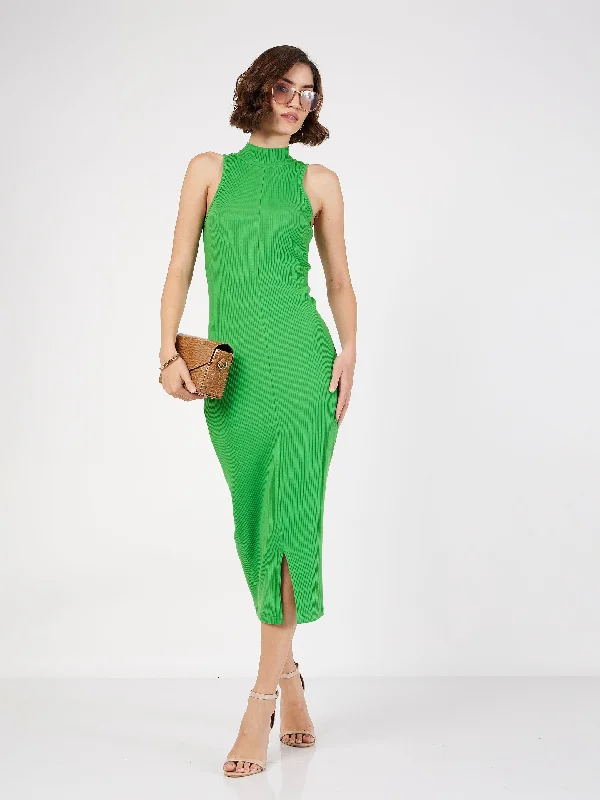 Formal dresses for evening wear -Women Green Rib Turtle Neck Sleeveless Midi Dress