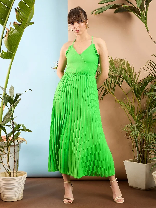 Casual summer sundresses -Women Green Strappy Pleated Maxi Dress