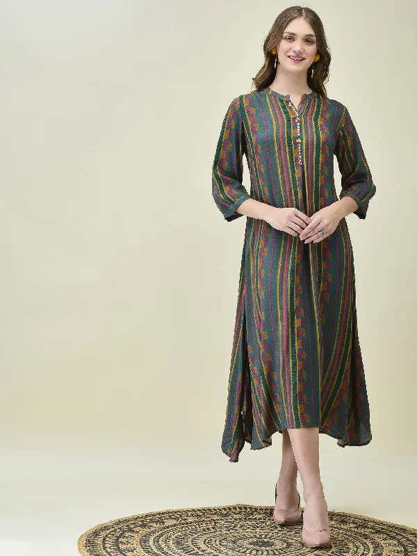 Knee-length formal dresses -Women Liva Rayon Green Stripe Print Dress