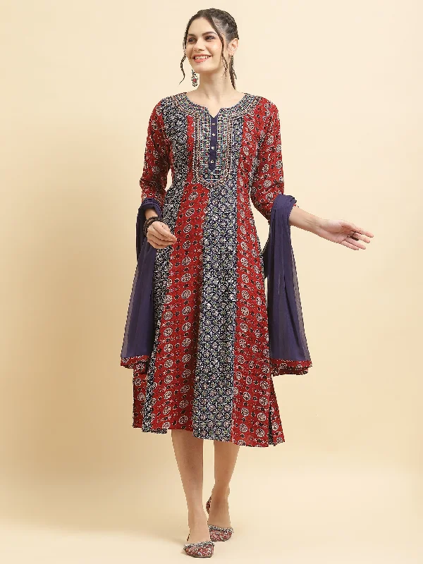 Soft fabric dresses for casual wear -Women Liva Rayon Maroon Embroidered Dress With Dupatta