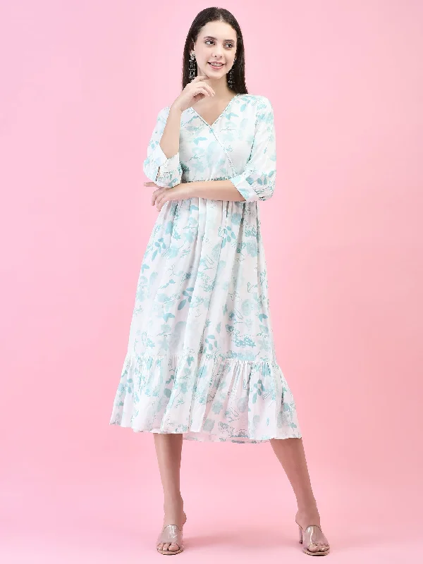 Dresses for formal dinners -Women Liva (Rayon) Off White Tropical Print Dress