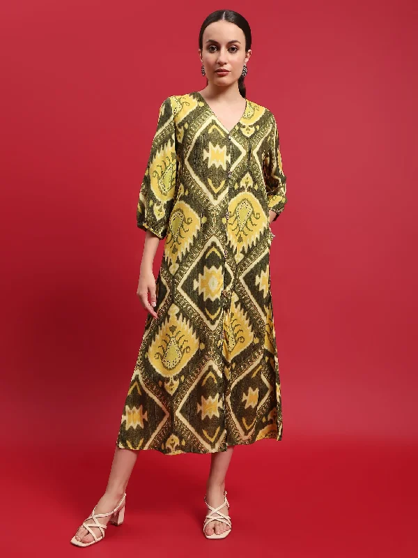 Dresses for fall weddings -Women Liva Rayon Olive Ikat Print Dress