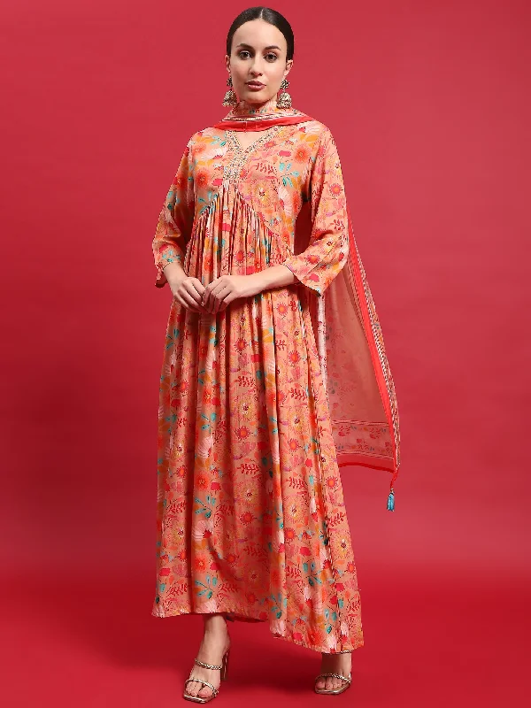 Casual chic maxi dresses -Women Liva Rayon Peach Embroidered Dress With Dupatta