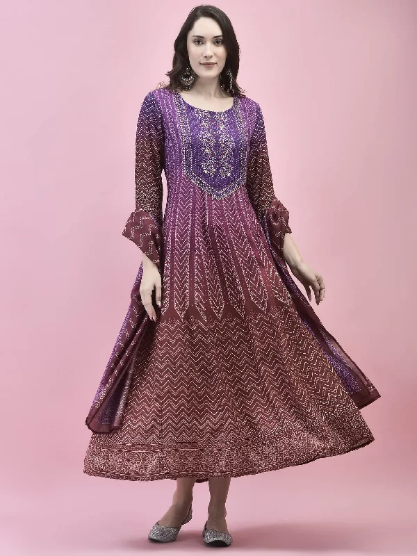 Dresses for high tea events -Women Liva Rayon Purple Embroidered Dress With Dupatta