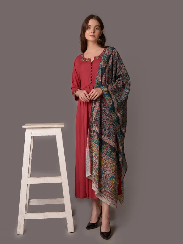 Cocktail party dresses -Women Maroon Embroidered Dress With Dupatta