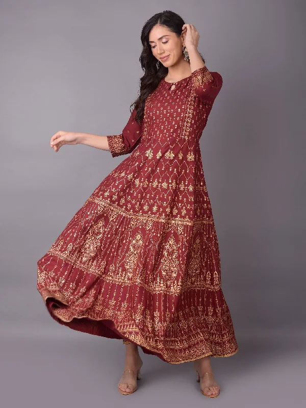 Off-the-shoulder dress styles -Women Maroon Ornamental Printed Dress