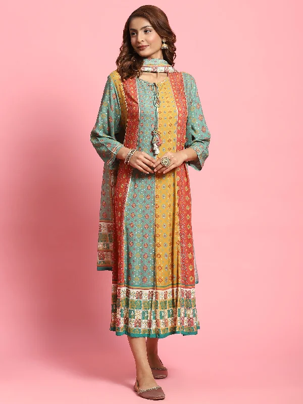 Party dresses for casual occasions -Women Multicolor Ornamental Printed Dress With Dupatta