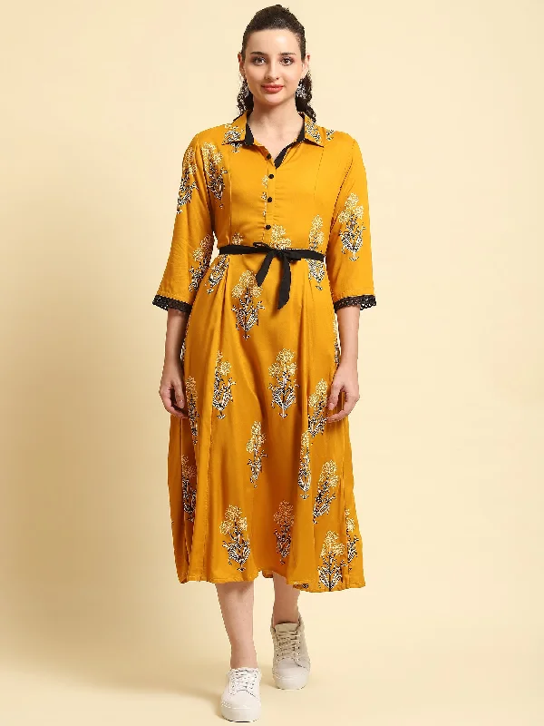 Button-up dresses for women -Women Mustard Printed Dress