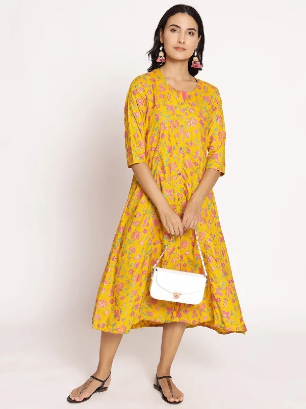 Dress with belt -Women Mustard Round Neck Dress