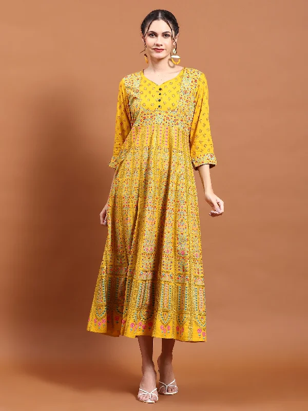 Fashionable beach dresses -Women Mustard Ornamental Print Dress