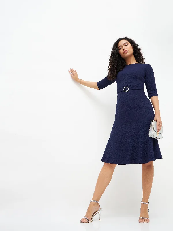 Dresses for holiday dinners -Women Navy Frill Hem Belted Midi Dress