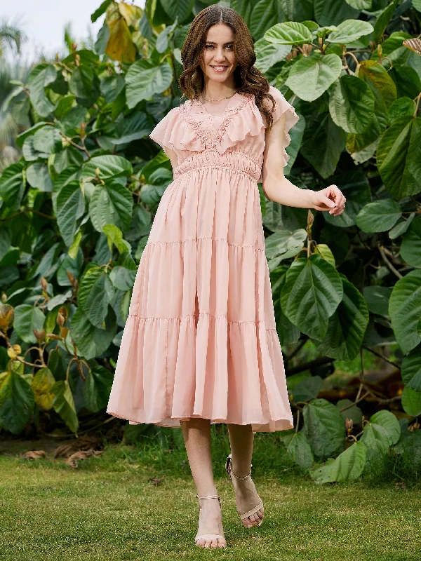 Dresses for early fall events -Women Nude Frilly Tiered Midi Dress