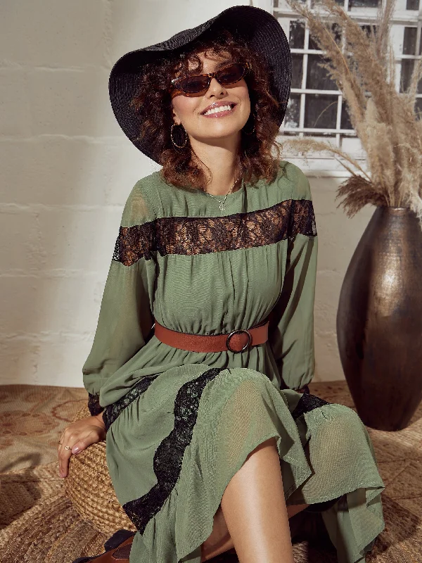 Dresses with a vintage vibe -Women Olive Lace Insert Tiered Midi Dress