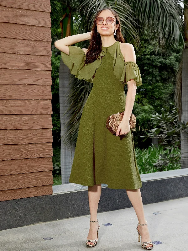 Elegant black dresses -Women Olive Sleeve Frill Detail Midi Dress