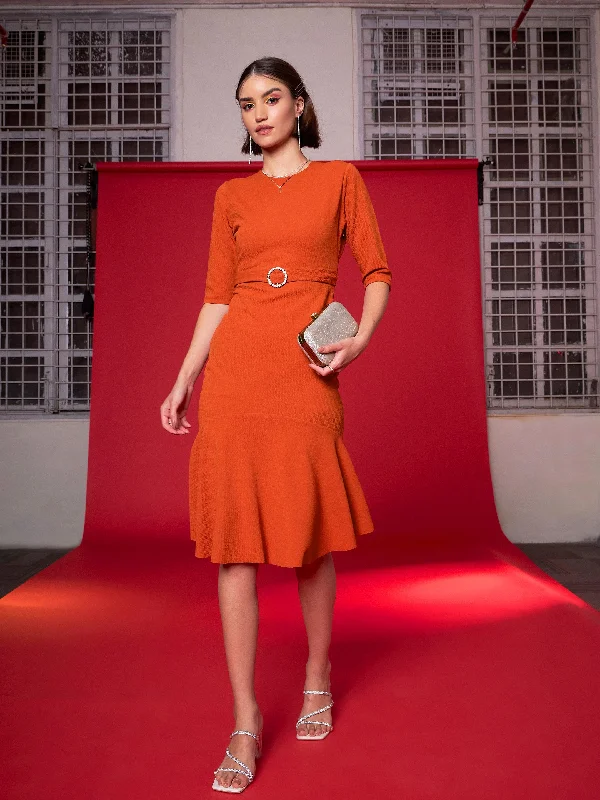 Dresses for beachside events -Women Orange Frill Hem Belted Midi Dress