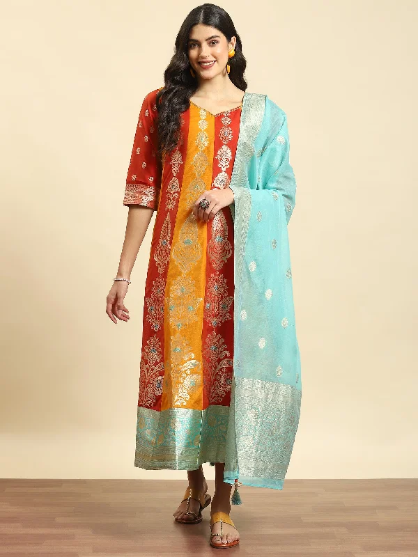 Dresses for sophisticated dinner events -Women Orange Jacquard Dress With Dupatta