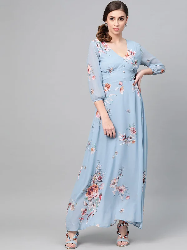 Dresses with lace and chiffon -Women Pale Blue Floral Flared Maxi Dress