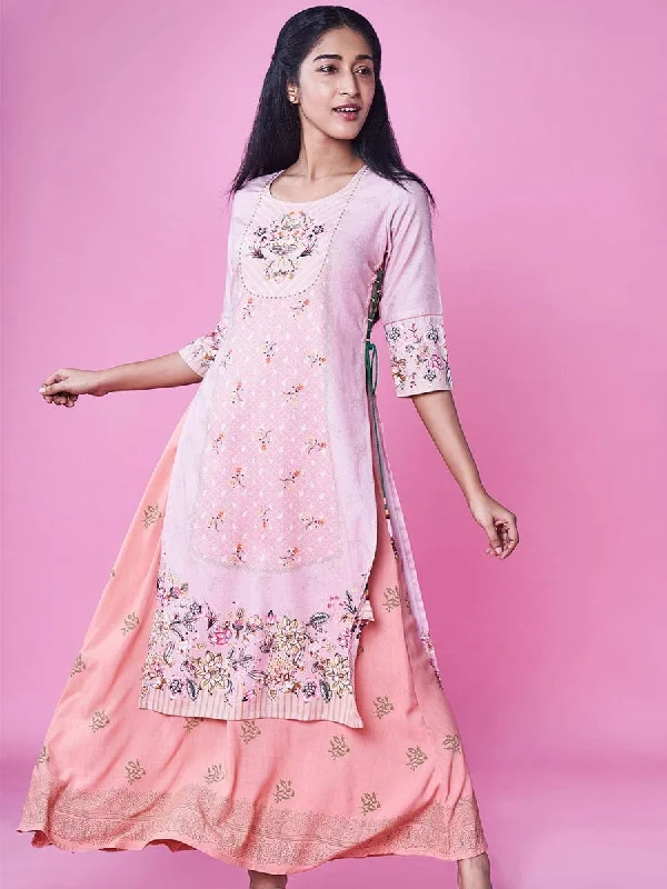 Fashionable wedding guest dresses -Women Pastel Pink 3-4 Sleeve Printed Layered Dress