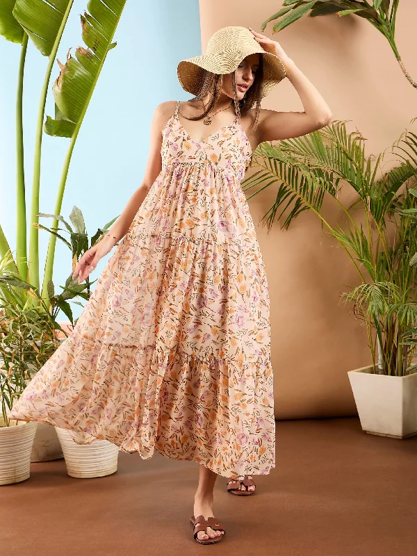 Dresses for summer vacations -Women Peach Floral Strappy Tiered Maxi Dress