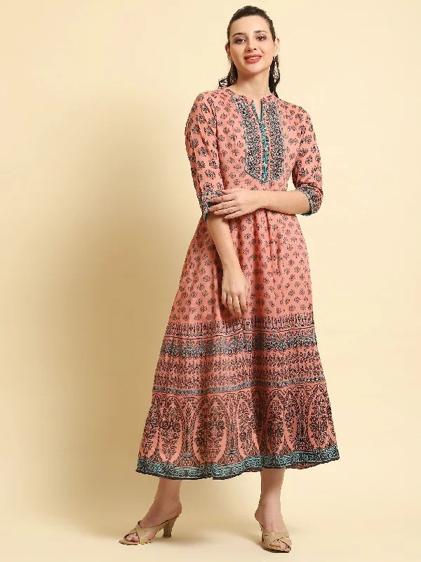 Comfortable dresses for women -Women Peach Ornamental Printed Dress