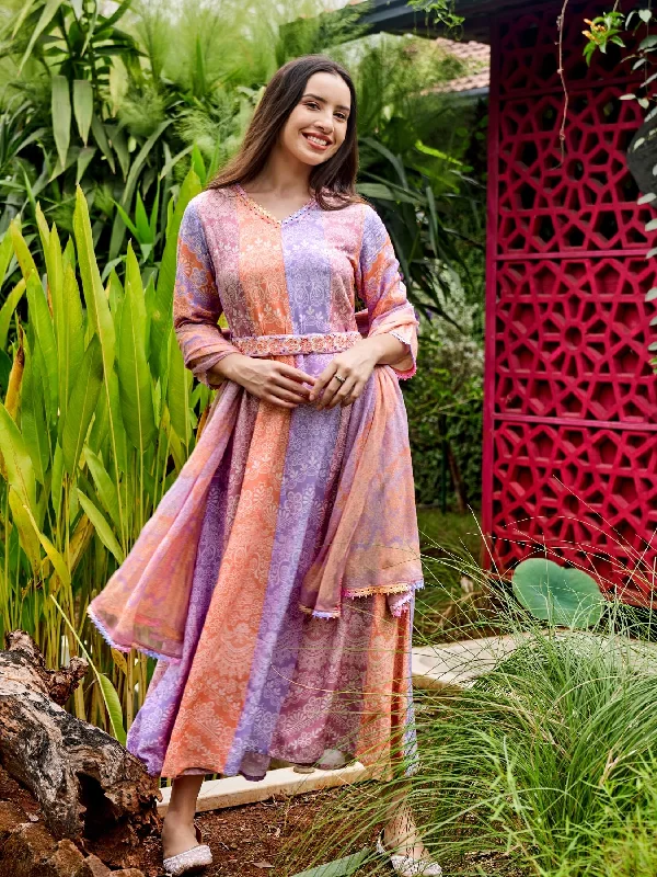 High fashion dresses for parties -Women Peach Lilac Liva Rayon Dress With Dupatta