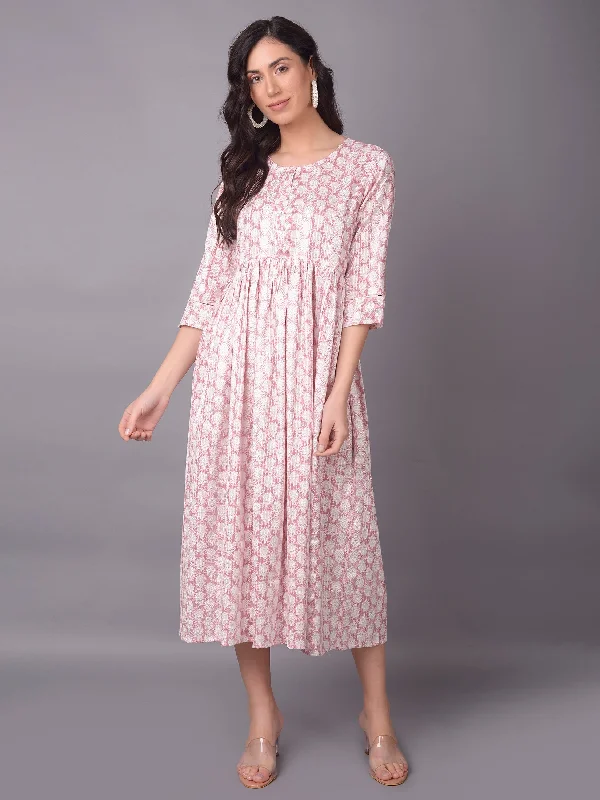 Smart casual dresses -Women Pink Round Neck Dress