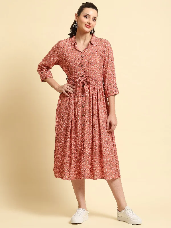 Floral dresses for women -Women Pink Shirt Collar Printed Dress