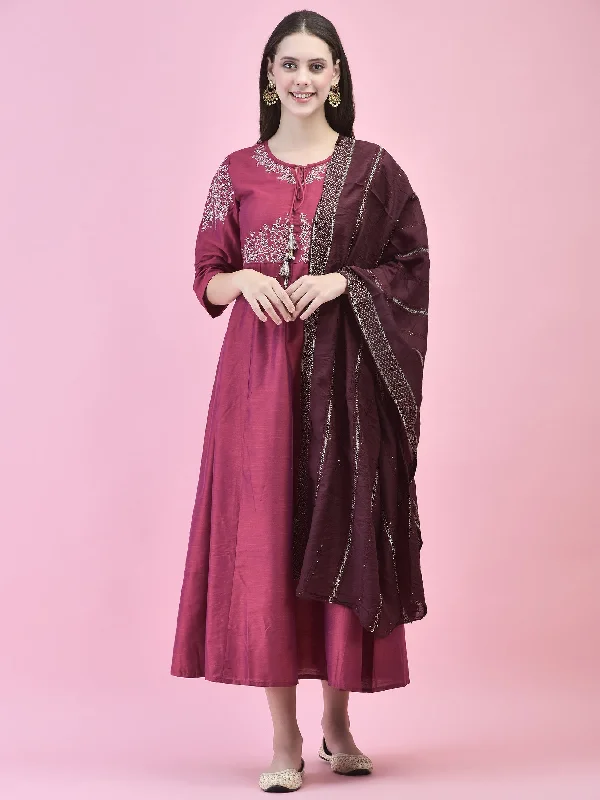 Dresses for destination weddings -Women Poly Silk Burgundy Embroidered Dress With Dupatta