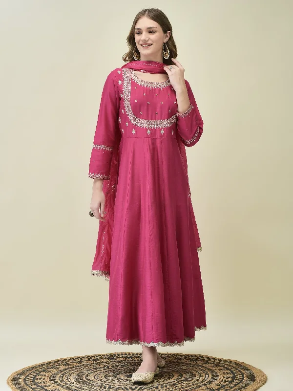 Long gown dresses for women -Women Poly Silk Fuchsia Embroidered Dress With Dupatta