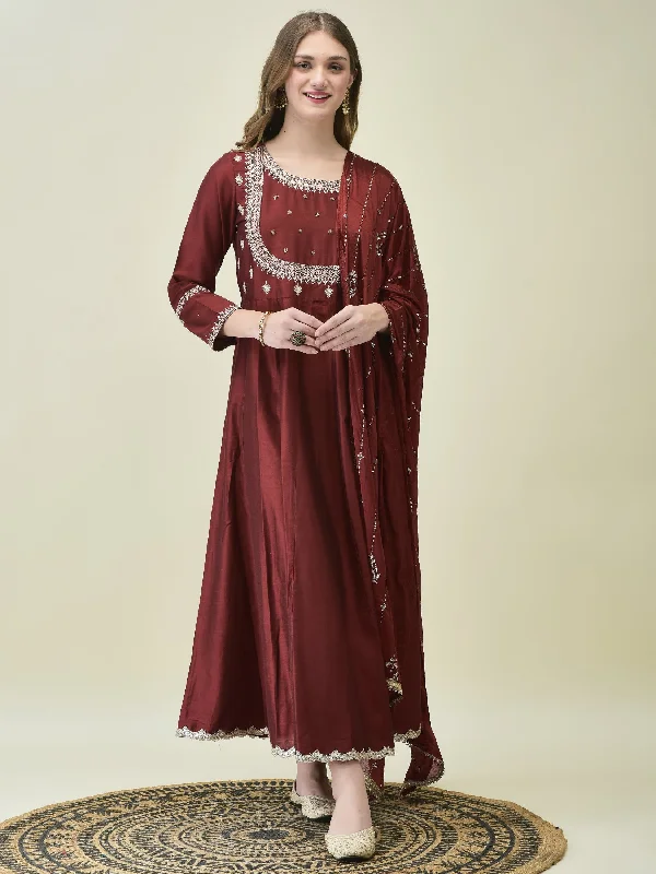 Romantic dresses for evening -Women Poly Silk Maroon Embroidered Dress With Dupatta