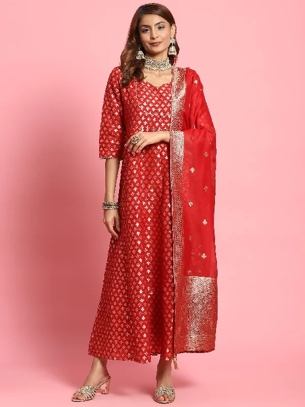 Wedding dresses with fitted designs -Women Red Butti Printed Dress With Dupatta