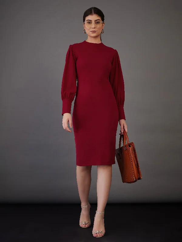 Dresses for evening outings -Women Red Puff Sleeves Bodycon Midi Dress