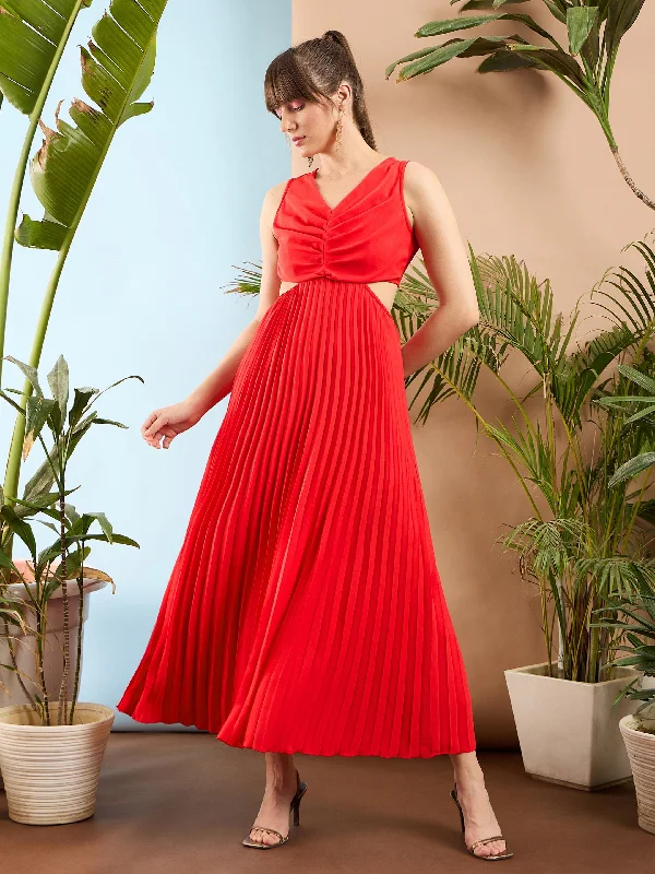 High fashion dresses for parties -Women Red Waist Cut Out Pleated Maxi Dress