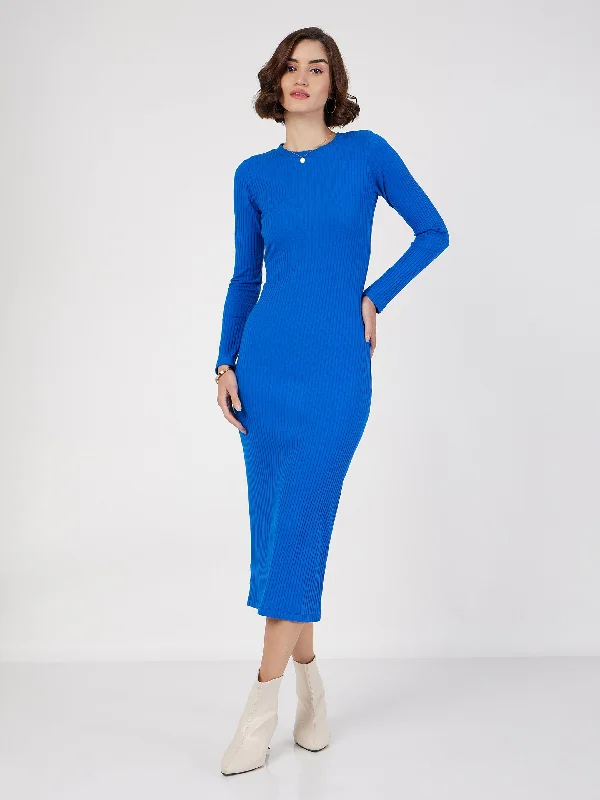 Cute dresses for summer -Women Royal Blue Rib Bodycon Midi Dress