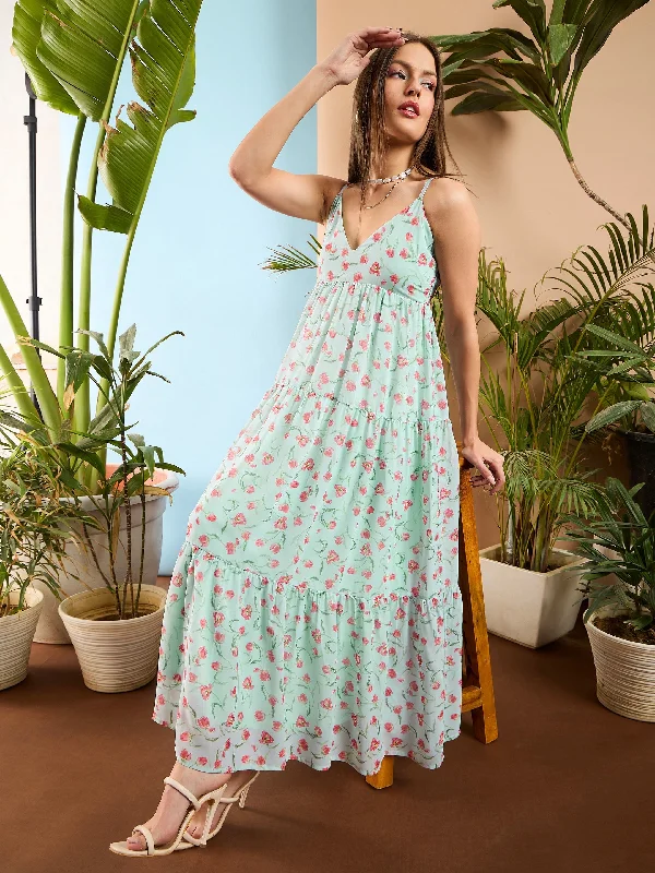 Elegant cocktail party dresses -Women See Green Floral Strappy Tiered Maxi Dress