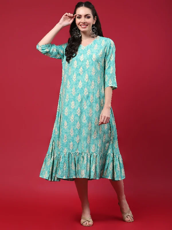 Summer dresses for family vacations -Women Teal Ikat Printed Dress