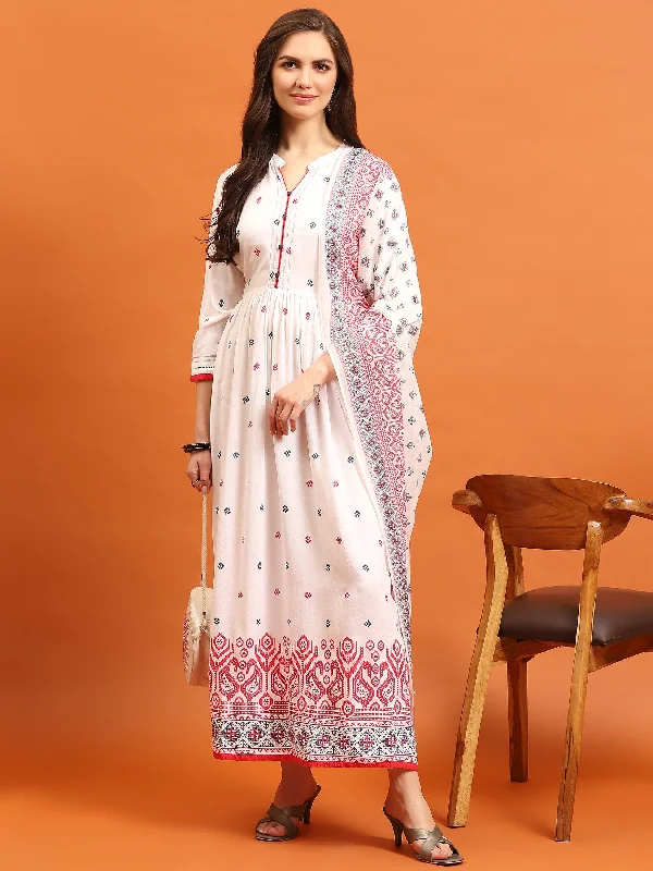 Shift dresses for work -Women White Geometric Printed Dress With Dupatta