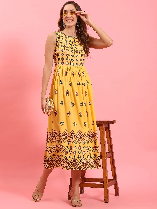 Floral maxi dresses -Women Yellow Geometric Printed Dress