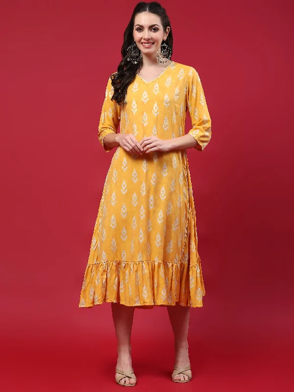 Dresses for formal evenings out -Women Yellow Ikat Printed Dress