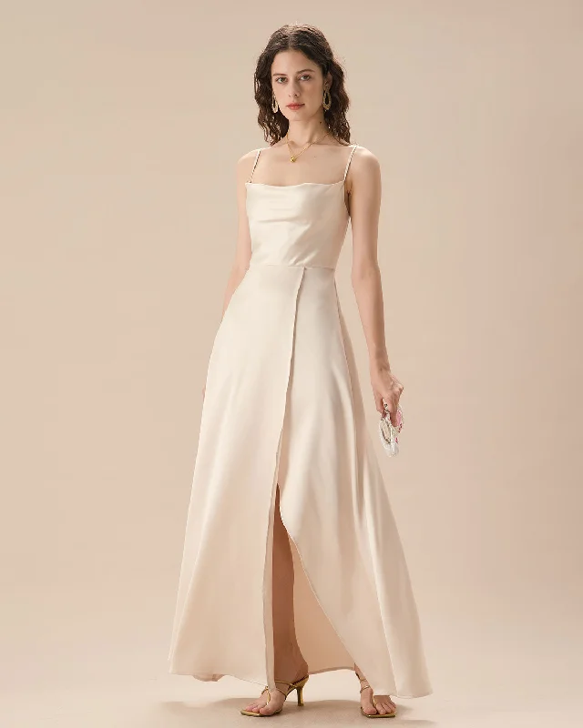 Dresses with silk lining -Apricot Satin Cowl Neck Slip Maxi Dress