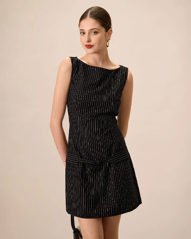 Wedding dress alternatives -Women's Black Boat Neck Striped Mini Dress