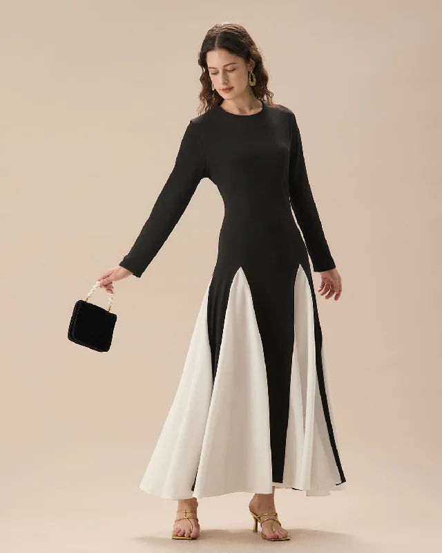 Fashionable prom gowns -Black Contrasting Long Sleeve Maxi Dress