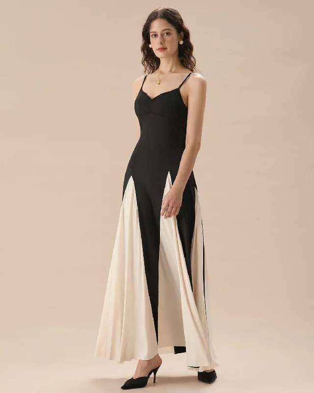 Sleek and simple dresses -Women's Black Contrasting Pleated Slip Maxi Dress