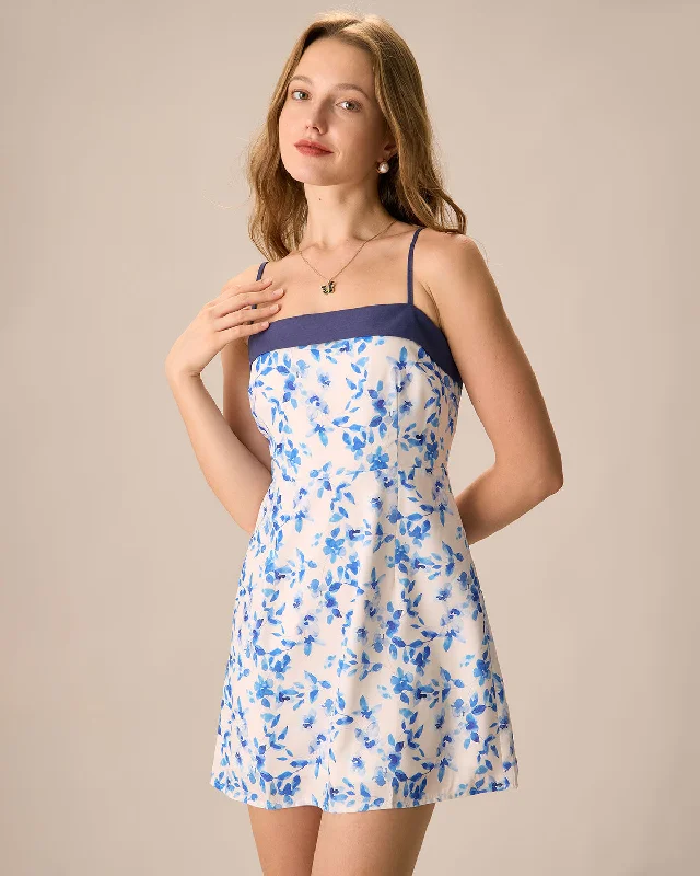 A-line summer dresses -Women's Blue Floral Slip Mini Dress