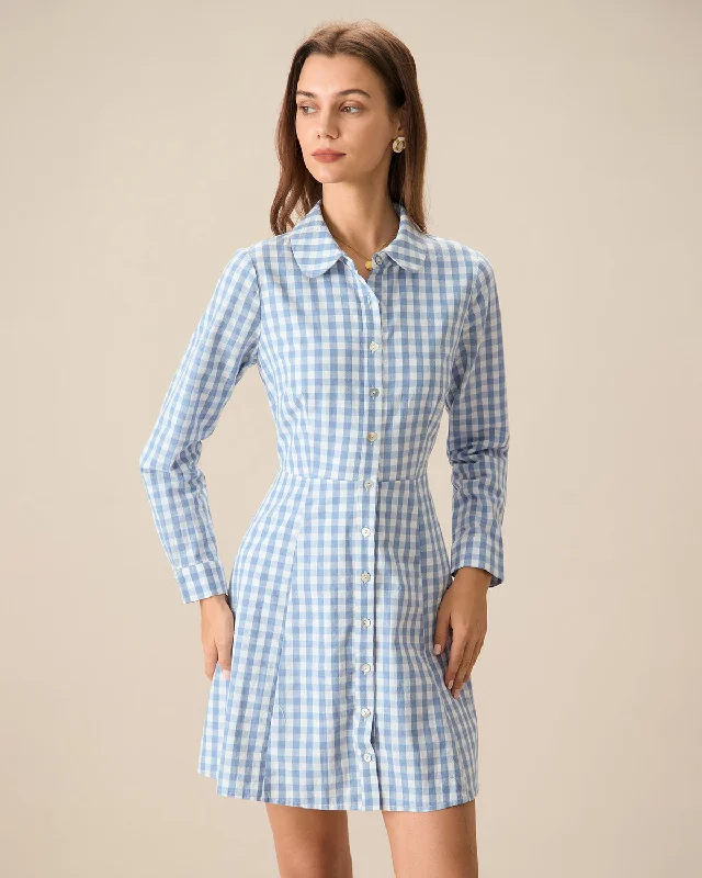 Designer dresses for women -Women's Blue Plaid Long Sleeve Mini Dress