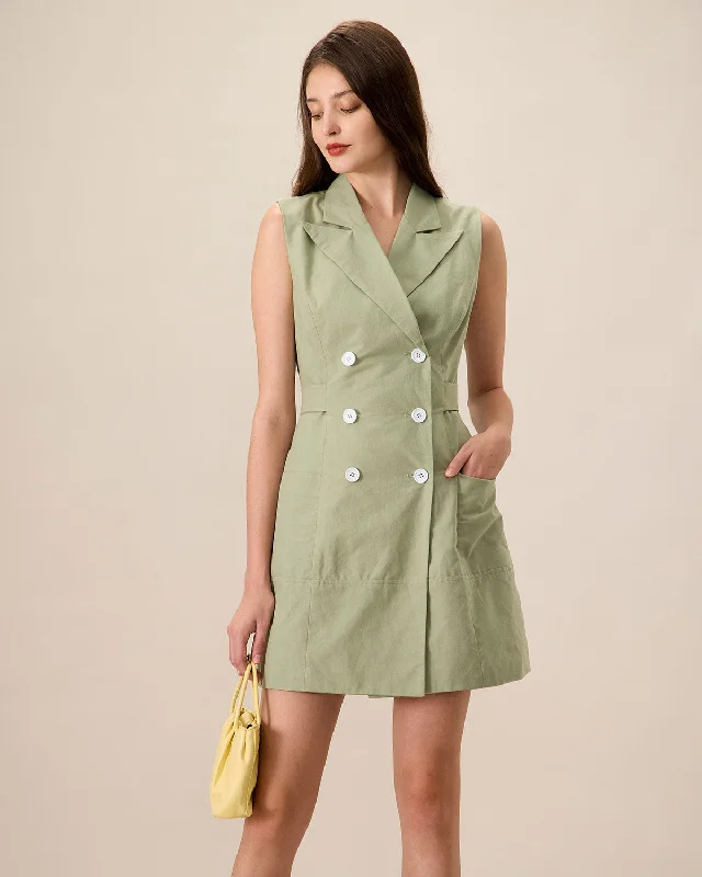 V-neck dresses for women -Women's Green Collared Pocket Mini Dress