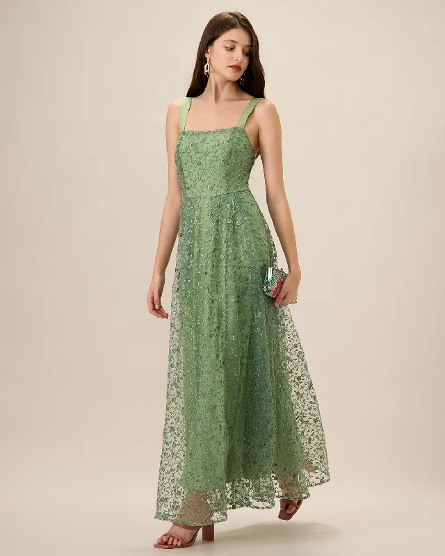 Formal dresses for evening wear -Women's Green Embroidery Mesh Slip Maxi Dress