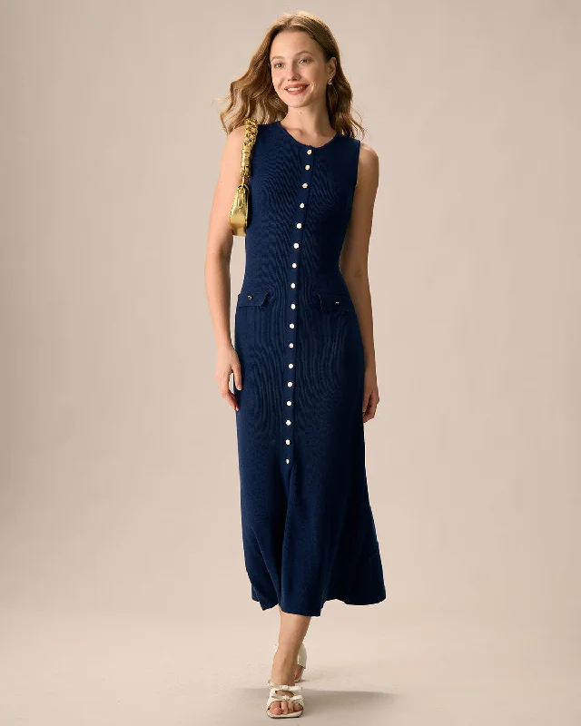 Dresses with tiered skirts -Women's Navy Button-up Sweater Maxi Dress